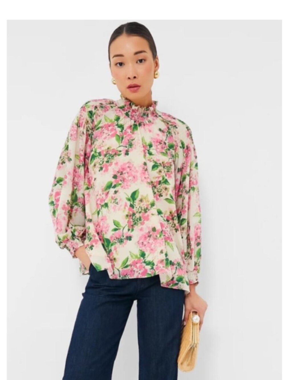 Tuckernuck Gossamer Pink Hydrangea Lydia Smocked Flowy Blouse Mock Neck Womens M